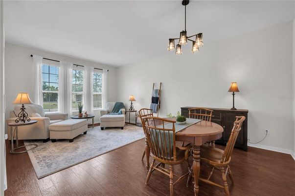 Dining room, Interior, Living room, Pendant Lights, Wood Texture Flooring