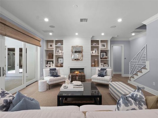Fireplace, Interior, Living room, Recessed Lighting, Wood Texture Flooring