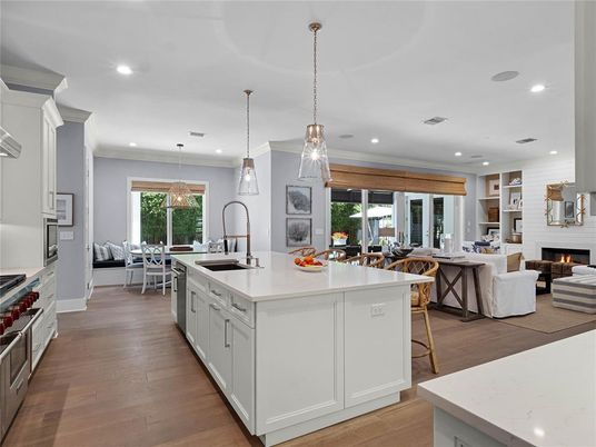 Dining room, Fireplace, Interior, Kitchen, Living room, Pendant Lights, Recessed Lighting, Wood Texture Flooring