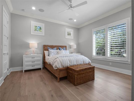 Bedroom, Interior, Recessed Lighting, Wood Texture Flooring