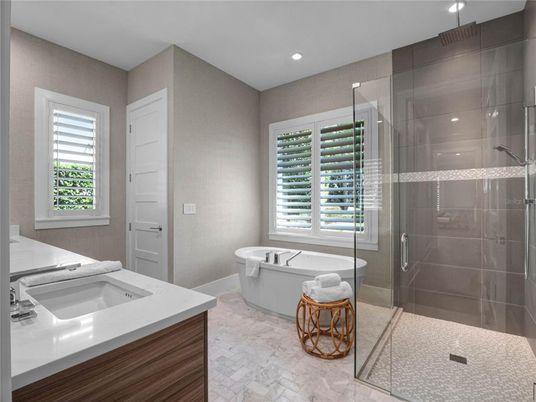Bathroom, Free Standing Baths, Glass Shower, Interior, Recessed Lighting