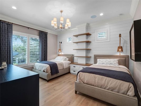 Bedroom, Chandelier, Interior, Recessed Lighting, Wood Texture Flooring