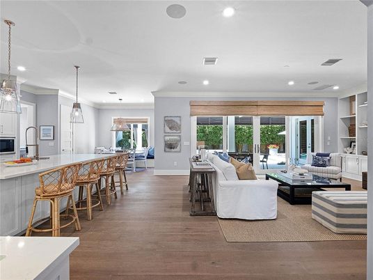 Interior, Kitchen, Living room, Pendant Lights, Recessed Lighting, Wood Texture Flooring