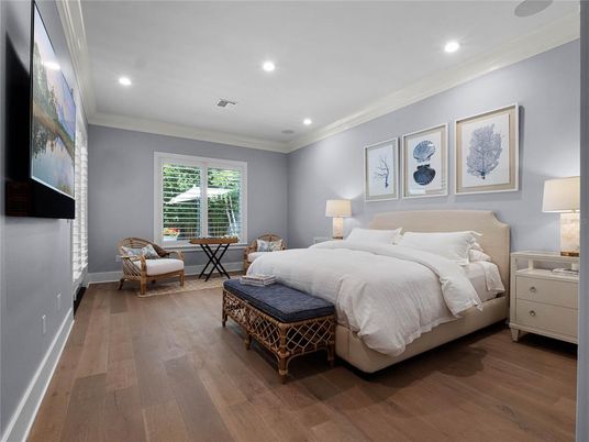 Bedroom, Interior, Recessed Lighting, Wood Texture Flooring