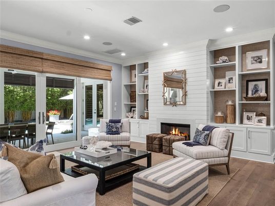 Fireplace, Interior, Living room, Recessed Lighting, Wood Texture Flooring