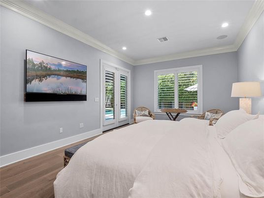 Bedroom, Interior, Recessed Lighting, Wood Texture Flooring
