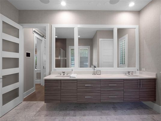 Bathroom, Dual Sink Vanities, Interior, Marble, Recessed Lighting, Wood Texture Flooring