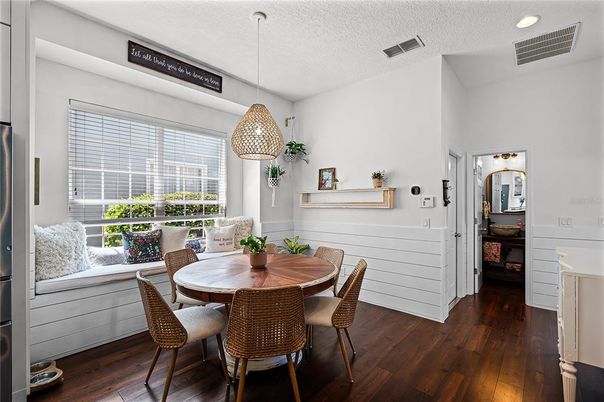 Dining room, Interior, Pendant Lights, Recessed Lighting, Wood Texture Flooring