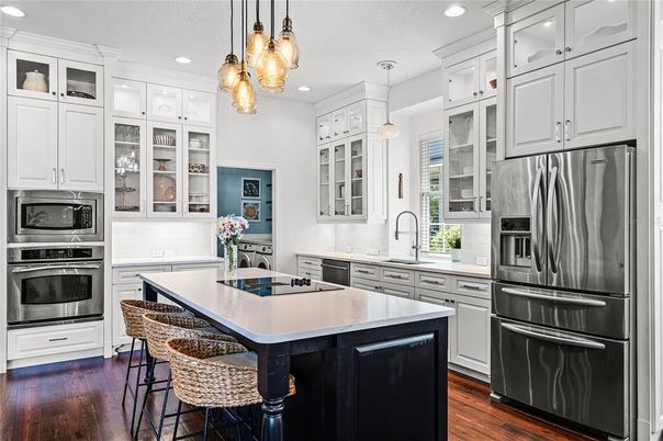 Interior, Kitchen, Pendant Lights, Recessed Lighting, Stainless Steel Appliances, Wood Texture Flooring