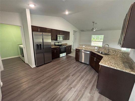 Interior, Kitchen, Recessed Lighting, Stainless Steel Appliances, Wood Texture Flooring