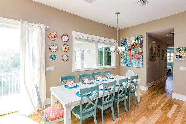 Dining room, Interior, Pendant Lights, Recessed Lighting, Wood Texture Flooring