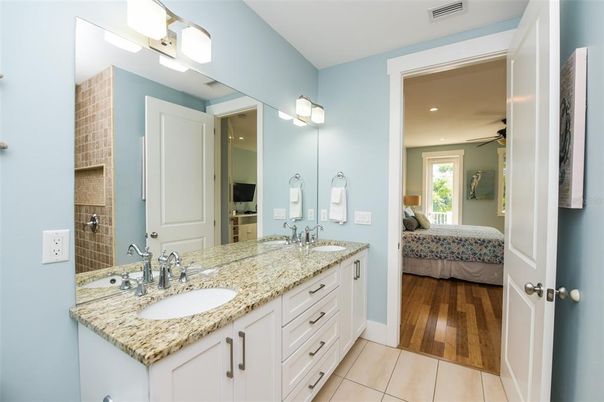 Bathroom, Bedroom, Dual Sink Vanities, Interior, Recessed Lighting, Wood Texture Flooring