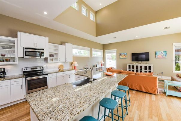 Interior, Kitchen, Living room, Recessed Lighting, Stainless Steel Appliances, Wood Texture Flooring