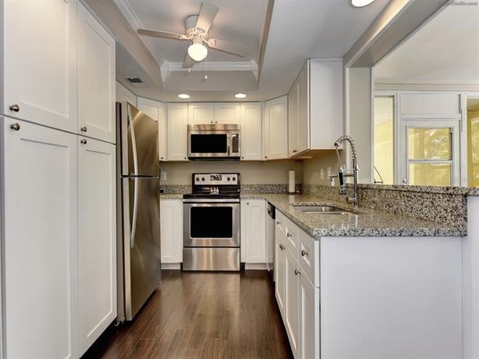 Interior, Kitchen, Recessed Lighting, Stainless Steel Appliances, Wood Texture Flooring
