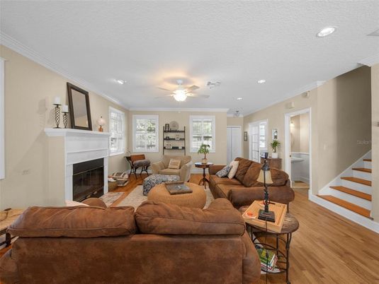 Fireplace, Interior, Living room, Recessed Lighting, Wood Texture Flooring