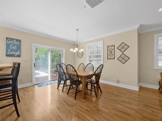 Dining room, Interior, Pendant Lights, Wood Texture Flooring