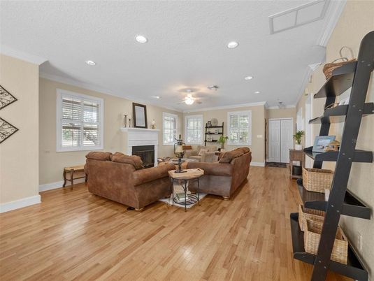 Fireplace, Interior, Living room, Recessed Lighting, Wood Texture Flooring