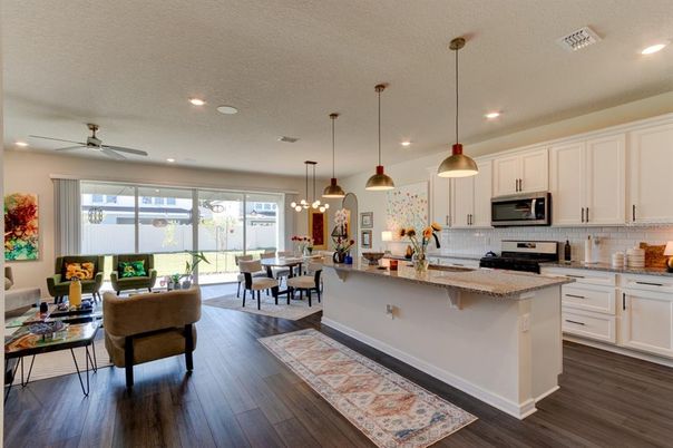 Dining room, Interior, Kitchen, Pendant Lights, Recessed Lighting, Wood Texture Flooring