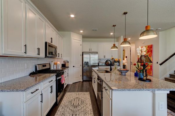 Interior, Kitchen, Pendant Lights, Recessed Lighting, Stainless Steel Appliances, Wood Texture Flooring