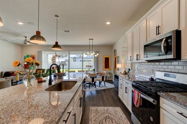 Dining room, Interior, Kitchen, Pendant Lights, Recessed Lighting, Wood Texture Flooring