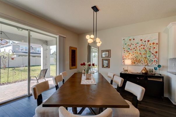 Dining room, Interior, Pendant Lights, Wood Texture Flooring