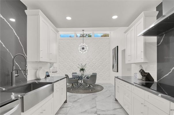Dining room, Interior, Kitchen, Marble, Pendant Lights, Recessed Lighting, Stainless Steel Appliances