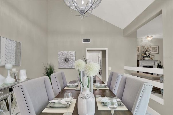 Chandelier, Dining room, Fireplace, Interior