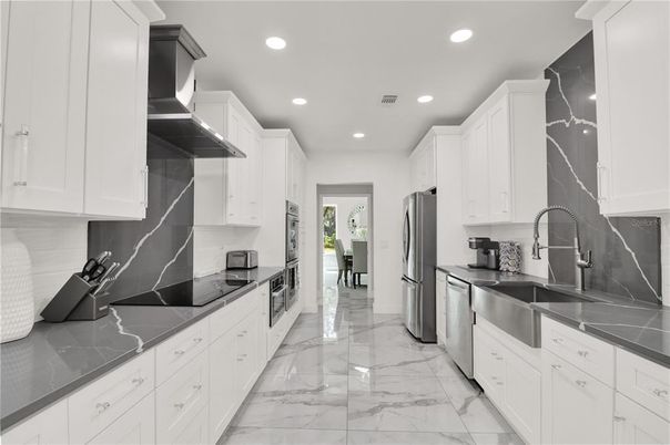 Interior, Kitchen, Marble, Recessed Lighting, Stainless Steel Appliances