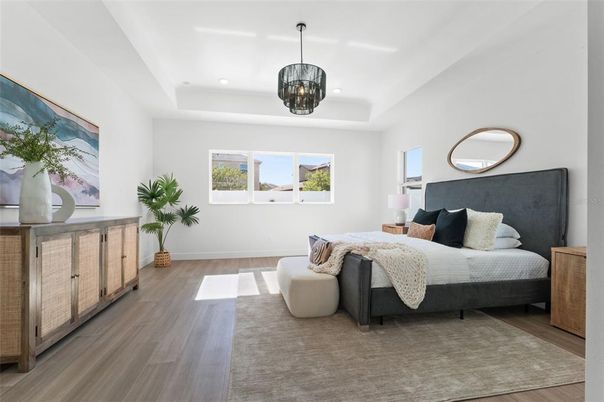 Bedroom, Interior, Pendant Lights, Recessed Lighting, Wood Texture Flooring