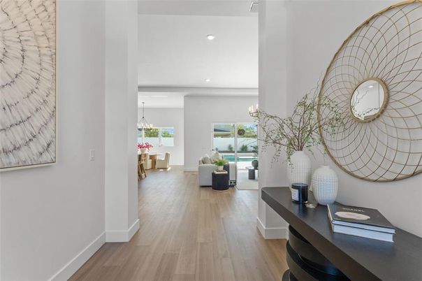 Dining room, Interior, Living room, Pendant Lights, Recessed Lighting, Wood Texture Flooring