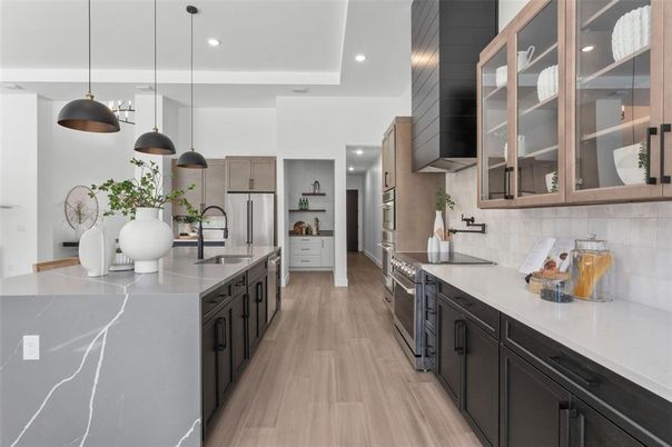 Interior, Kitchen, Pendant Lights, Recessed Lighting, Stainless Steel Appliances, Wood Texture Flooring