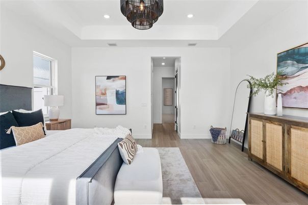 Bedroom, Interior, Recessed Lighting, Wood Texture Flooring
