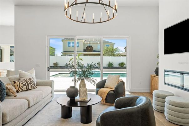 Chandelier, Interior, Living room, Pendant Lights, Wood Texture Flooring