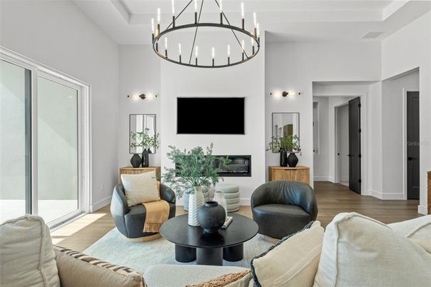 Chandelier, Fireplace, Interior, Living room, Wood Texture Flooring