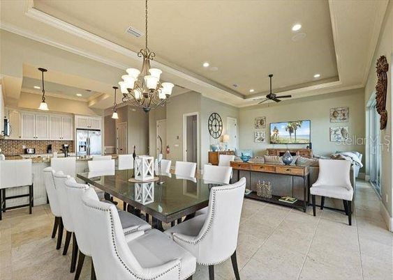 Chandelier, Dining room, Interior, Kitchen, Living room, Pendant Lights, Recessed Lighting, Stainless Steel Appliances