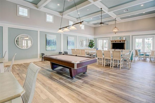 Billiard Table, Dining room, Game Room, Interior, Pendant Lights, Recessed Lighting, Wood Texture Flooring