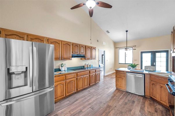 Interior, Kitchen, Pendant Lights, Stainless Steel Appliances, Wood Texture Flooring