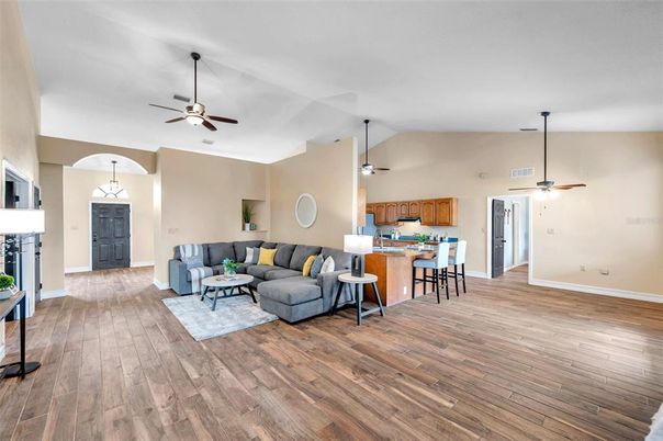 Interior, Kitchen, Living room, Pendant Lights, Wood Texture Flooring