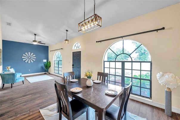 Dining room, Interior, Pendant Lights, Wood Texture Flooring