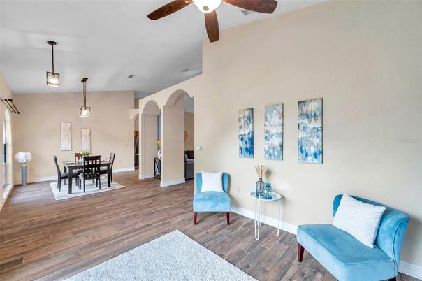 Dining room, Interior, Pendant Lights, Wood Texture Flooring