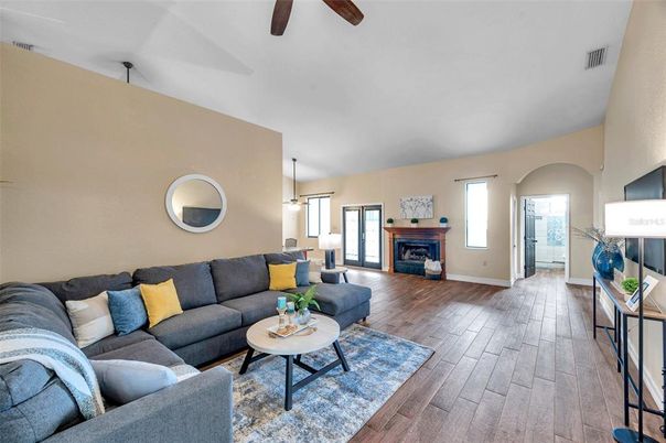 Fireplace, Interior, Living room, Pendant Lights, Wood Texture Flooring