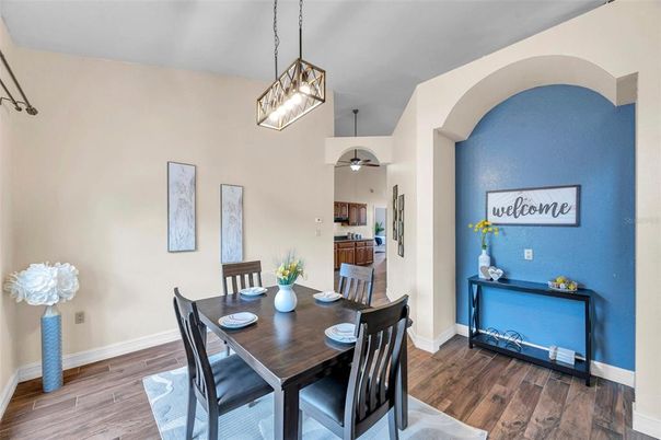 Dining room, Interior, Pendant Lights, Wood Texture Flooring
