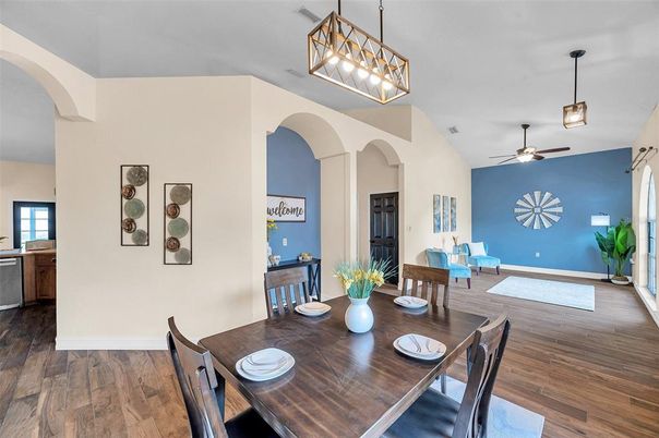 Dining room, Interior, Pendant Lights, Wood Texture Flooring