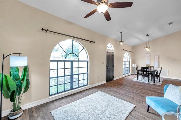 Dining room, Interior, Pendant Lights, Wood Texture Flooring