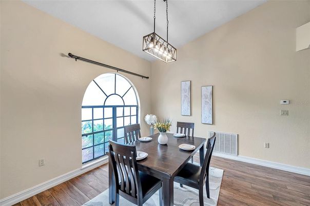 Dining room, Interior, Pendant Lights, Wood Texture Flooring