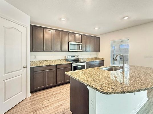 Interior, Kitchen, Recessed Lighting, Stainless Steel Appliances, Wood Texture Flooring