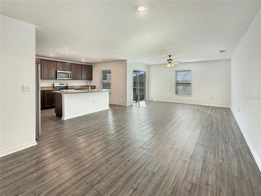 Empty room, Interior, Kitchen, Recessed Lighting, Wood Texture Flooring