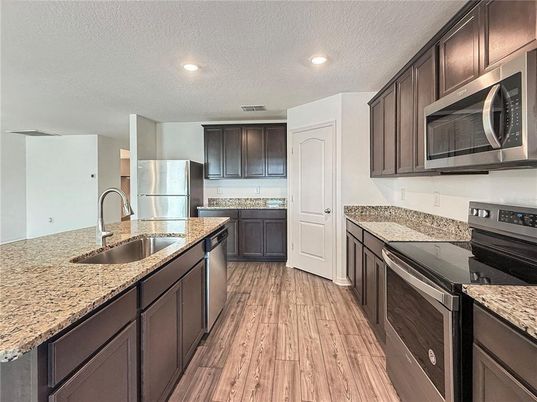 Interior, Kitchen, Recessed Lighting, Stainless Steel Appliances, Wood Texture Flooring