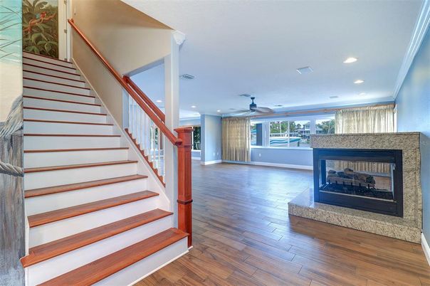 Fireplace, Interior, Recessed Lighting, Wood Texture Flooring
