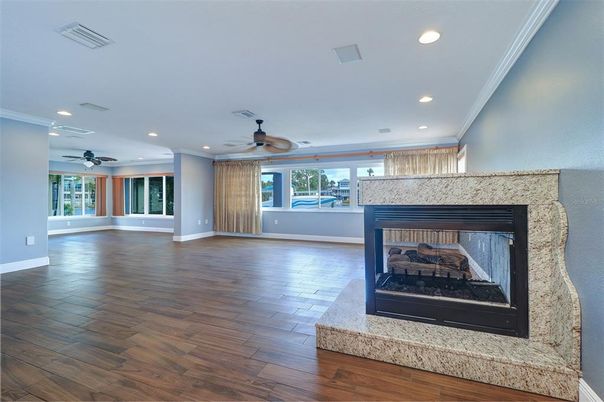 Fireplace, Interior, Recessed Lighting, Wood Texture Flooring